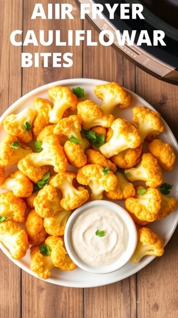 Crispy air fryer cauliflower bites served with dipping sauce on a rustic table.